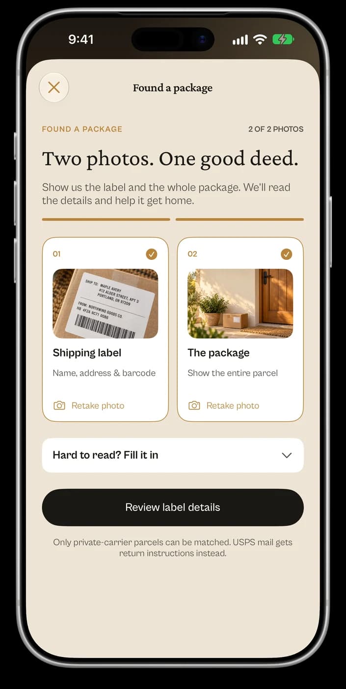Handback’s photo review screen with a shipping label and package photo