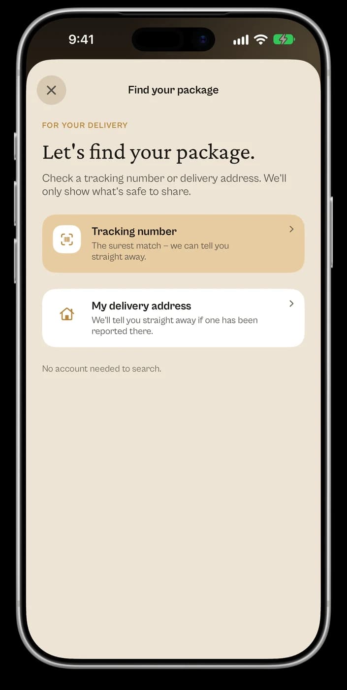 Find your package in Handback using a tracking number or delivery address