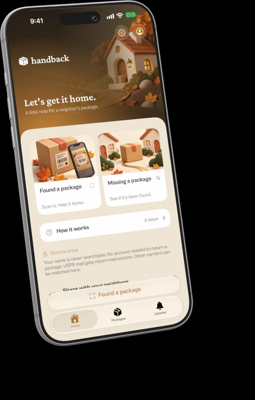 Handback’s home screen with Found a package and Missing a package actions