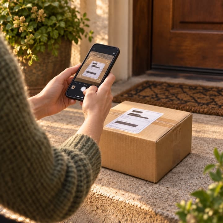 A neighbor photographing a package label with their phone
